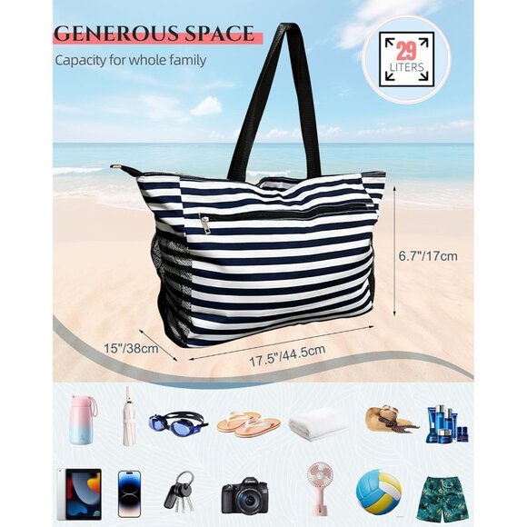 Women's Blue Stripe Tote Bag Large Utility Bag with Pockets Zip for Teacher Work - Picture 2 of 7